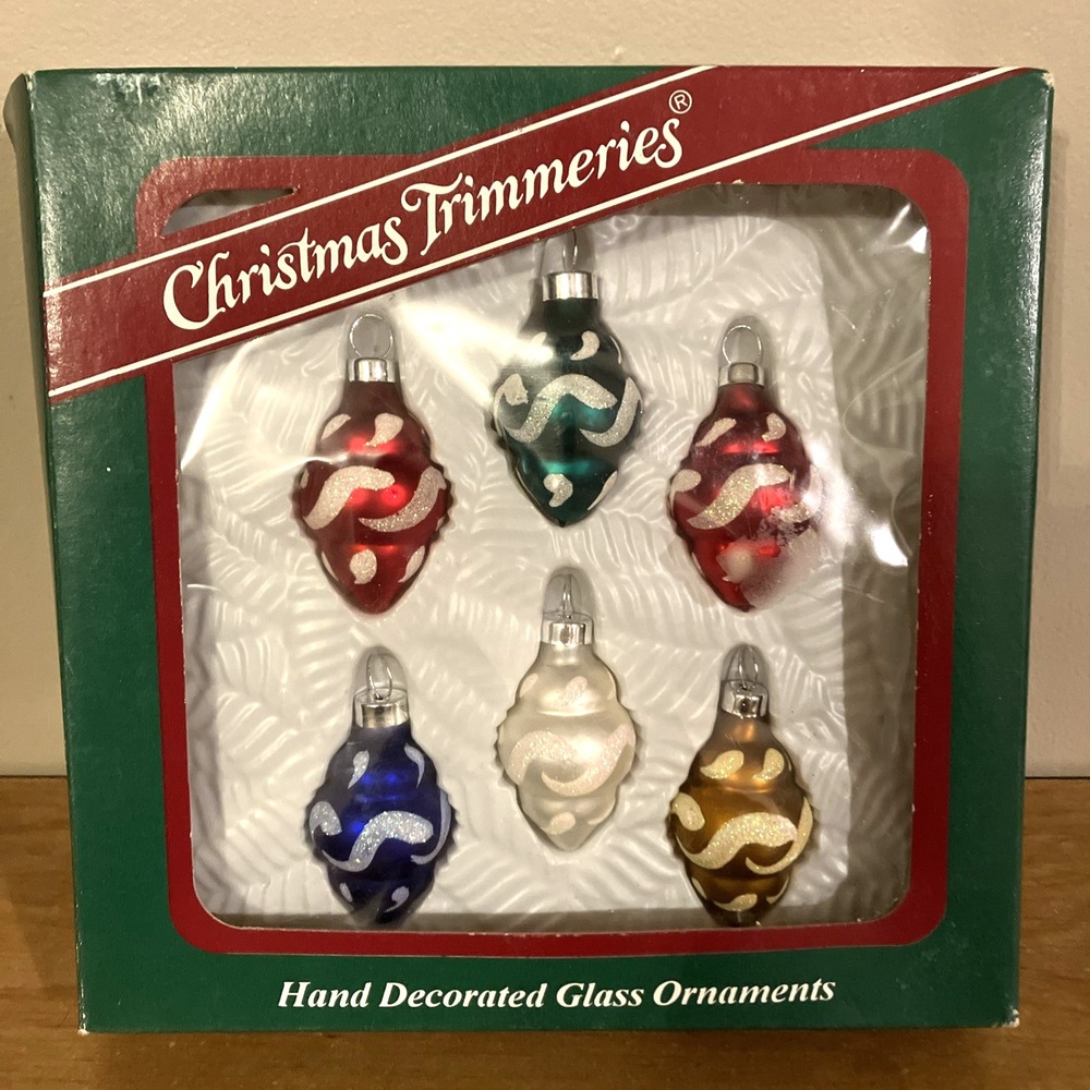 Set of 6 - Vtg Christmas Trimmeries Hand-Decorated Glass Ornaments by Bradford